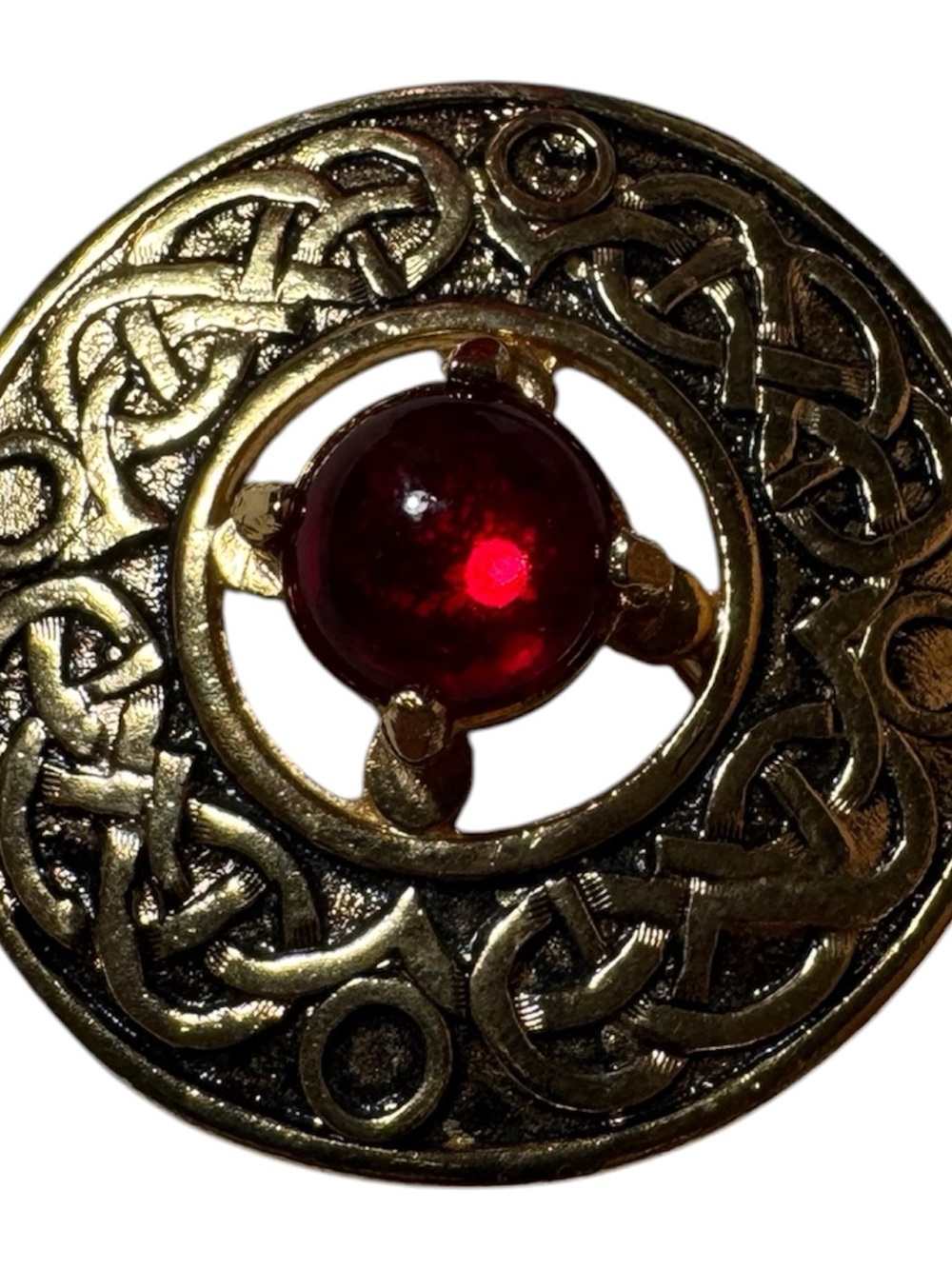 Celtic-Inspired Gold Tone Brooch with Red Cabochon